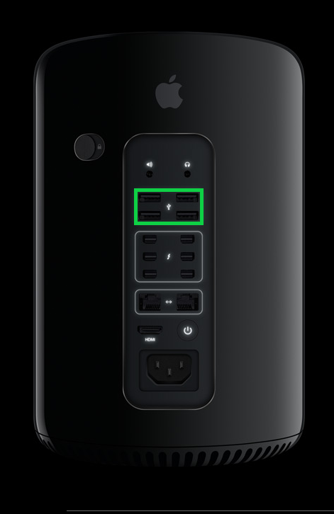 Apple Mac Pro with U S B ports highlighted
