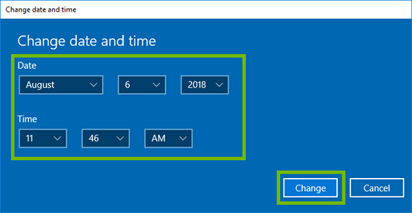 Date and time dialog with date, time, and change button highlighted.