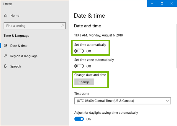 Date and time settings with set time automatically off, and change date and time highlighted.