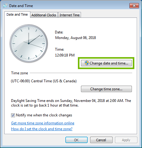 Date and time options with Change date and time highlighted.