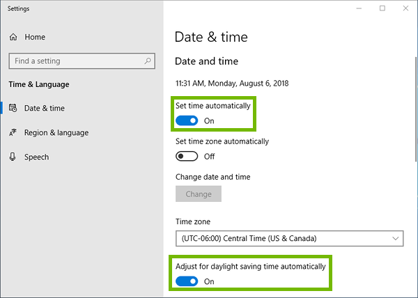Date and time settings with Set time automatically and Adjust for daylight saving time automatically highlighted.