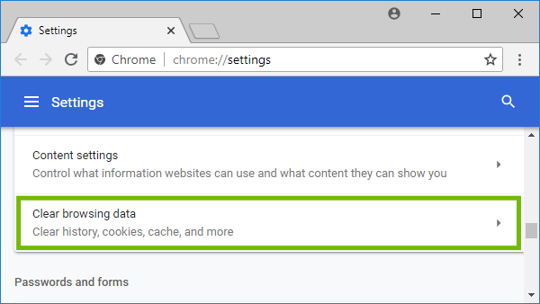 Advanced Settings with Clear browsing data highlighted.