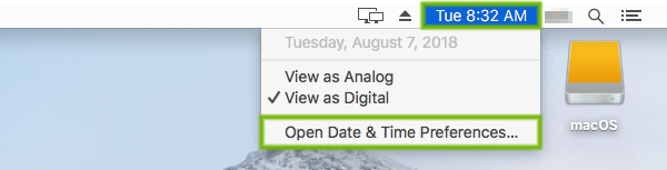 Time display with Open Date and Time Preferences highlighted.