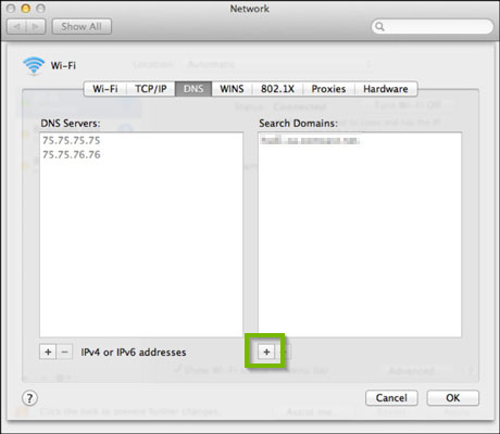 DNS settings screen with + button selected. Screenshot.