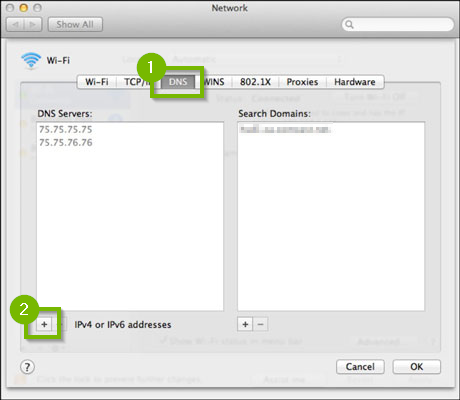 Advanced network properties with DNS tab selected and + button highlighted. Screenshot.