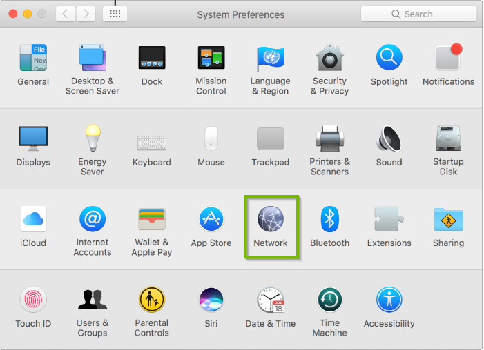 System Preferences window with Network selected. Screenshot.