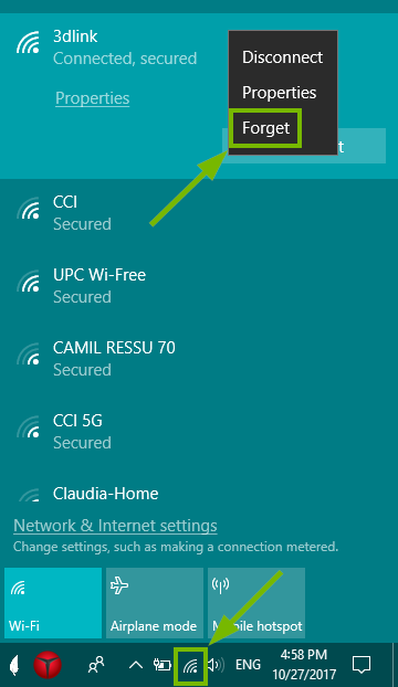 Wi-Fi menu on Windows 10 with steps highlighted to forget network.