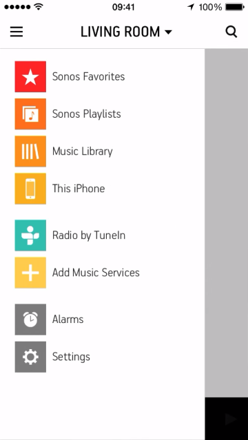Menu in Sonos Controller for mobile devices