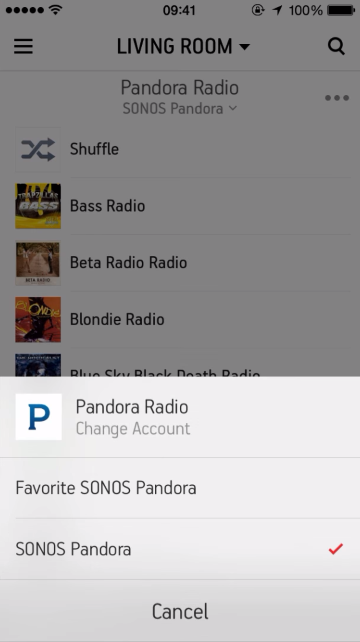 Account switching screen for music service