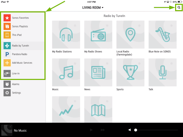 Source selection, browsing or searching in Sonos Controller for mobile devices