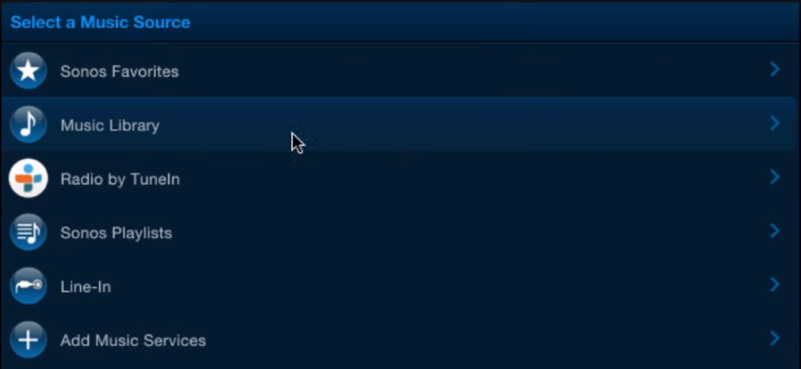 Music Library listed as a source in the Sonos Controller