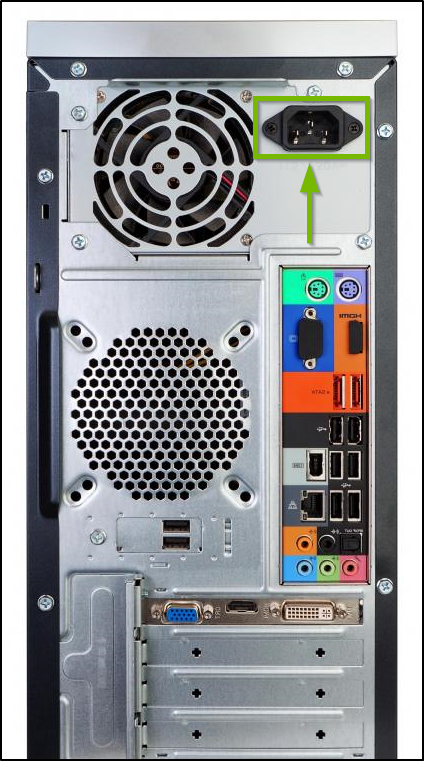 Backside of a desktop PC with power connector highlighted.