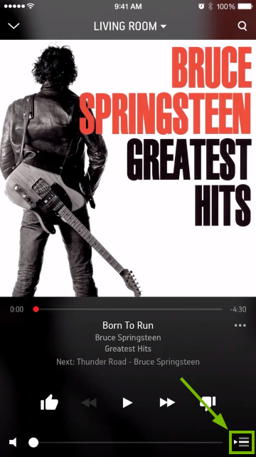 Playback screen shows less on smartphones due to screen size limitations. Queue button placement is highlighted.