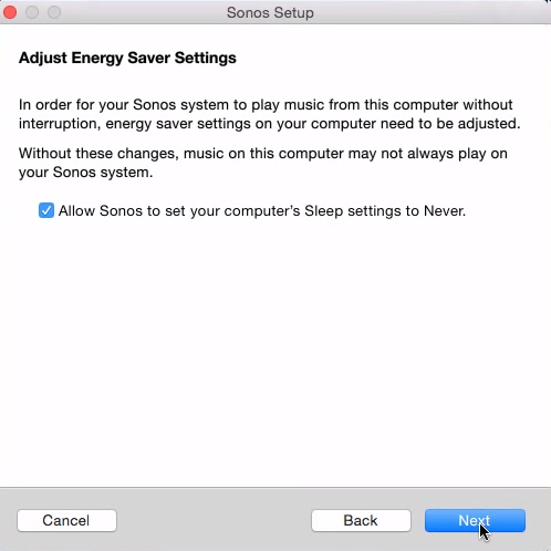 Energy Saver Settings adjusment in Sonos Setup on Mac