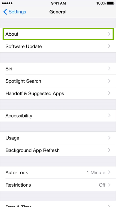 About option highlighted on General screen.