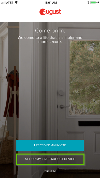 August home app page with set up my first august device highlighted