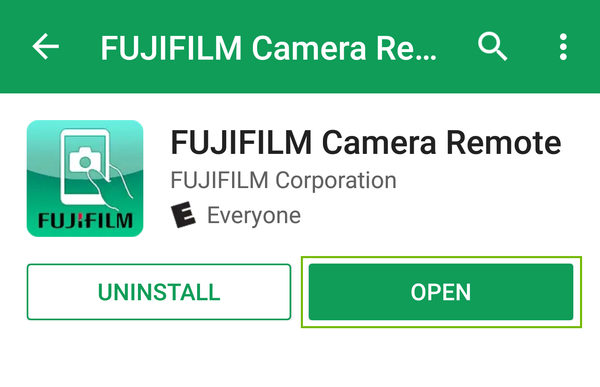 fujifilm camera remote app page with open highlighted