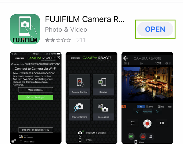 fujifilm app store page with open highlighted