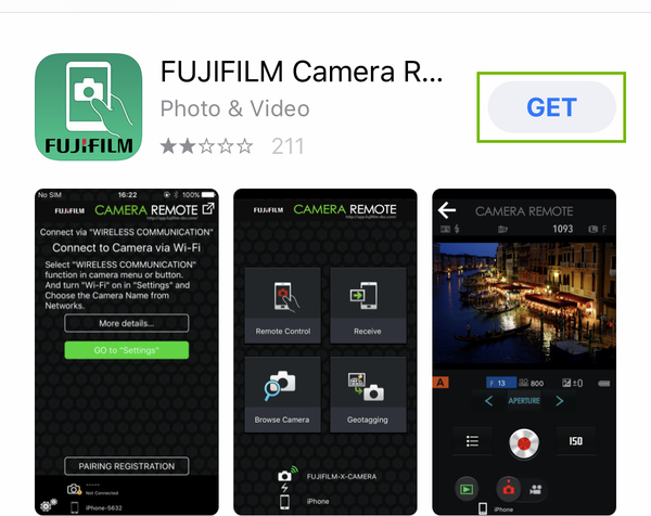 fujifilm app store page with get highlighted