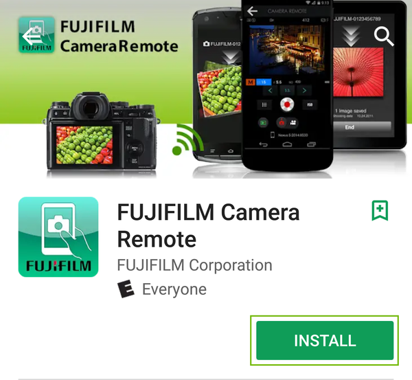 fujifilm camera remote app page with install highlighted.