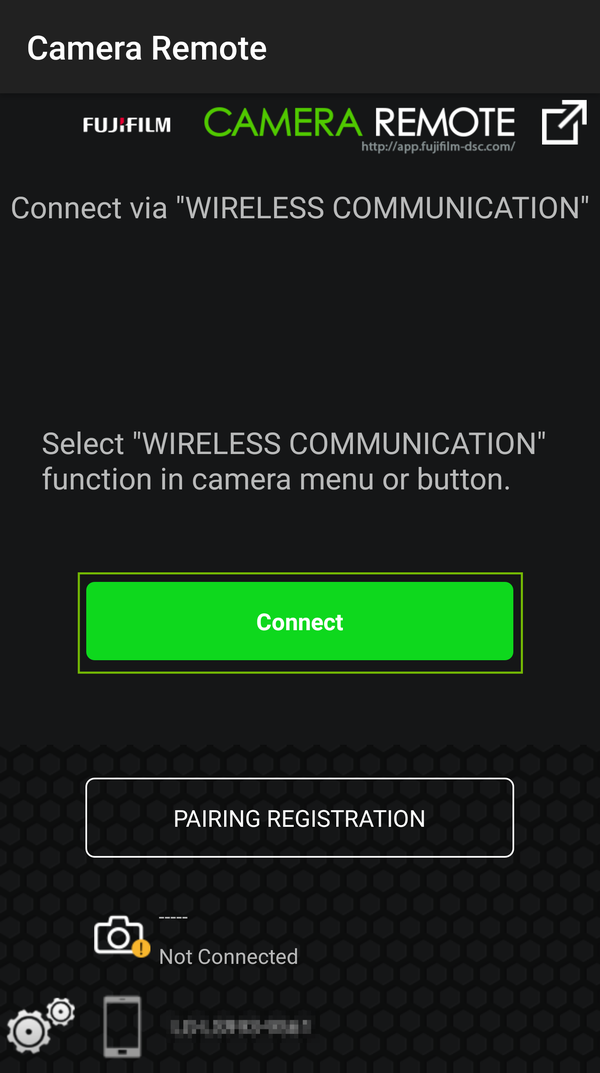 fujifilm camera remote with connect button highlighted