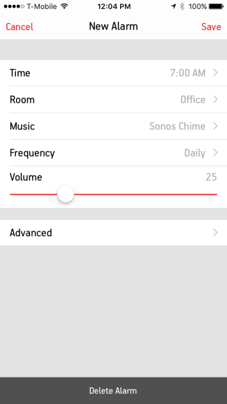 New Alarm settings customization screen in Sonos Controller on mobile devices