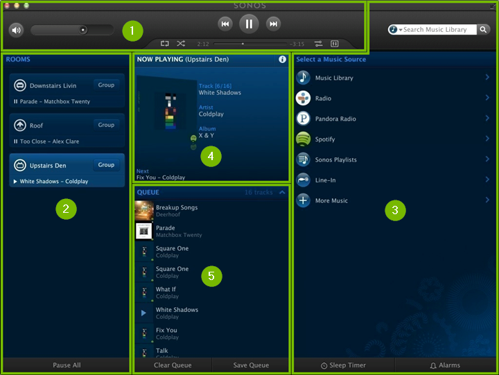 Areas of the the Sonos Controller main screen on computers