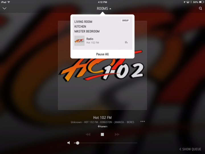 Sonos Controller for mobile devices showing all speakers grouped together
