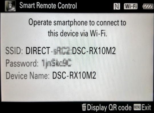 Camera screen showing Wi-Fi credentials.