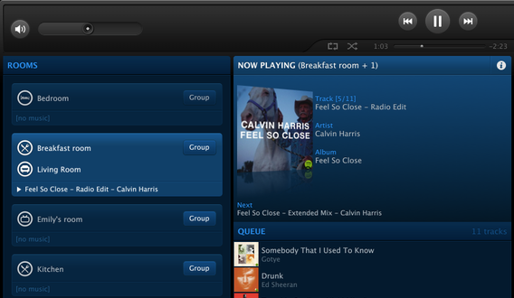 Sonos Controller for computers showing speakers grouped together