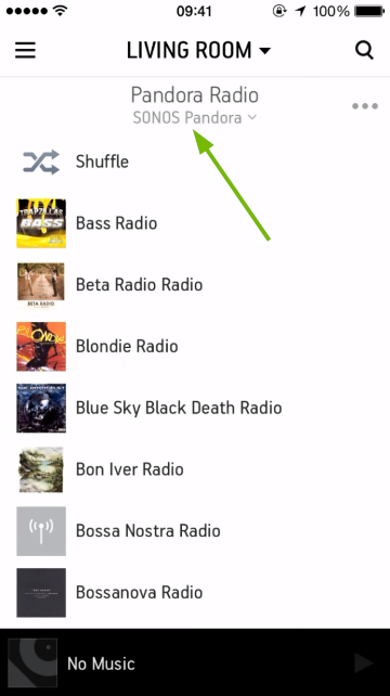 Placement of account switching option for music service