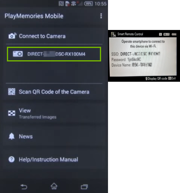 Connection screen with camera name highlighted.