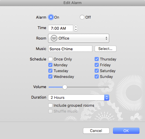New Alarm settings customization screen in Sonos Controller on computers