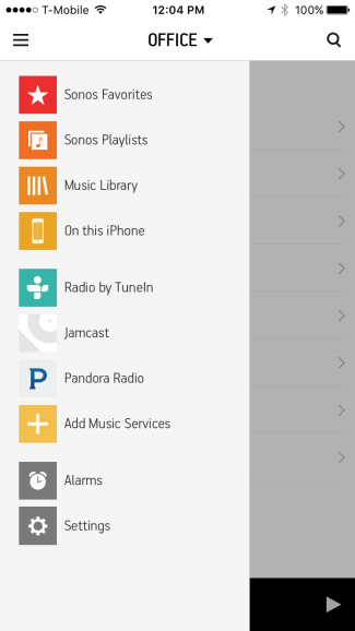 Menu in Sonos Controller for mobile devices