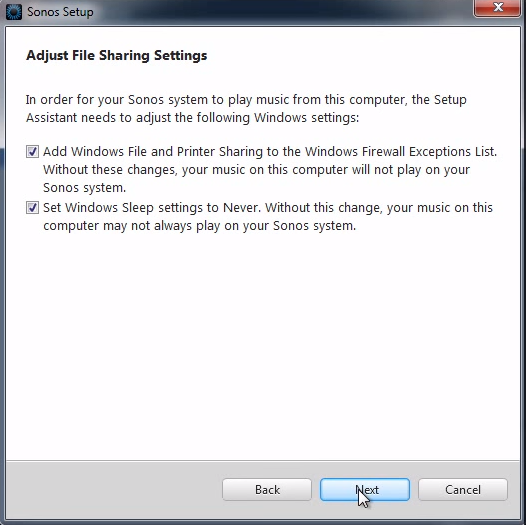 File sharing and Energy Saver Settings adjusment in Sonos Setup on PC