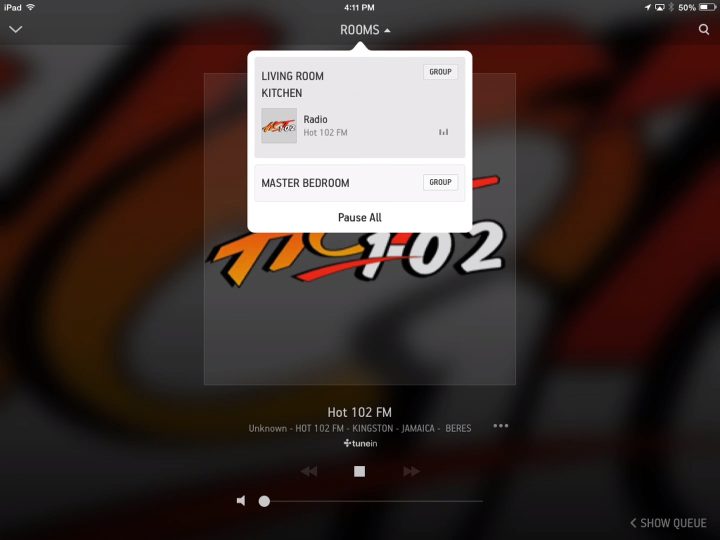 Sonos Controller for mobile devices showing speakers grouped together