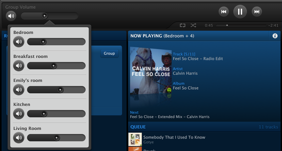 Volume control sliders for grouped speakers in Sonos Controller for computers