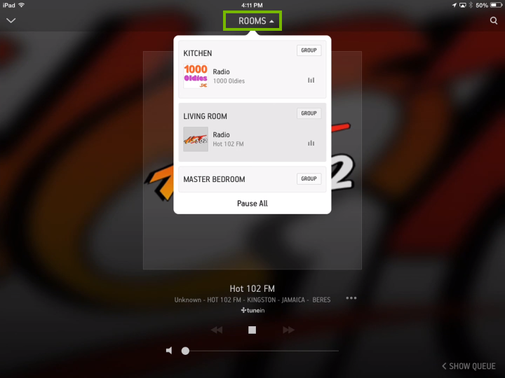 Sonos Controller for mobile devices showing speakers playing different sources