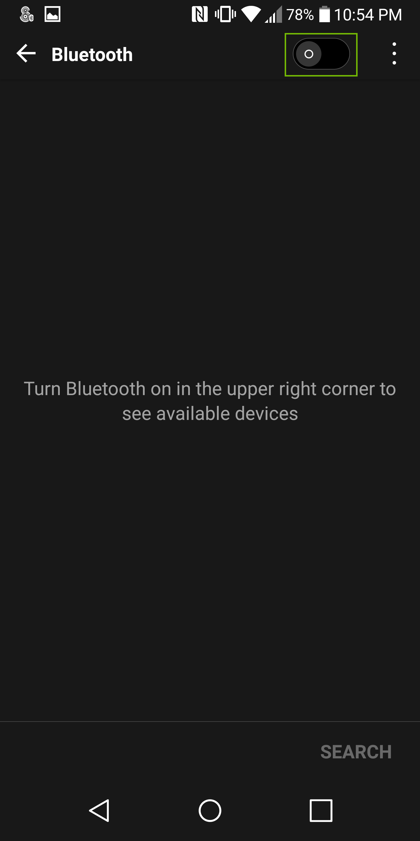 Android bluetooth options with on off switch highlighted