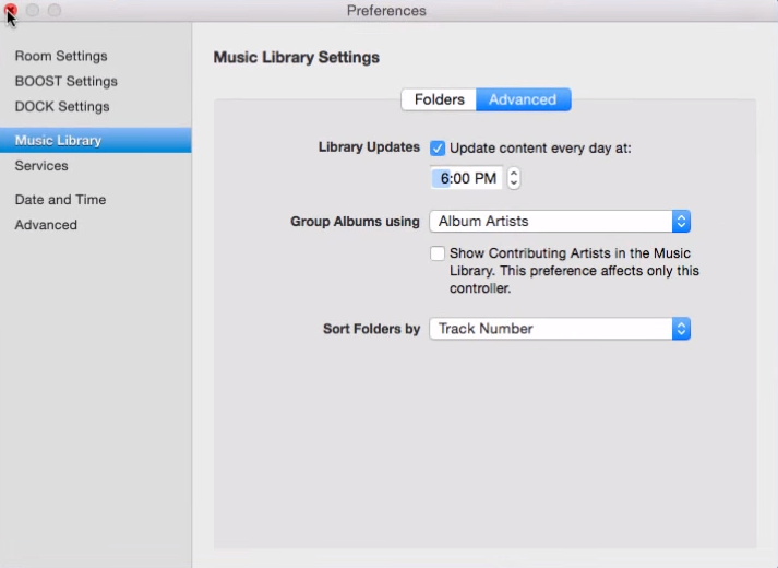 Advanced Music Library Settings screen