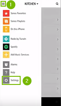 screenshot of the sonos app on mobile highlighting the menu in the top left and settings at the bottom