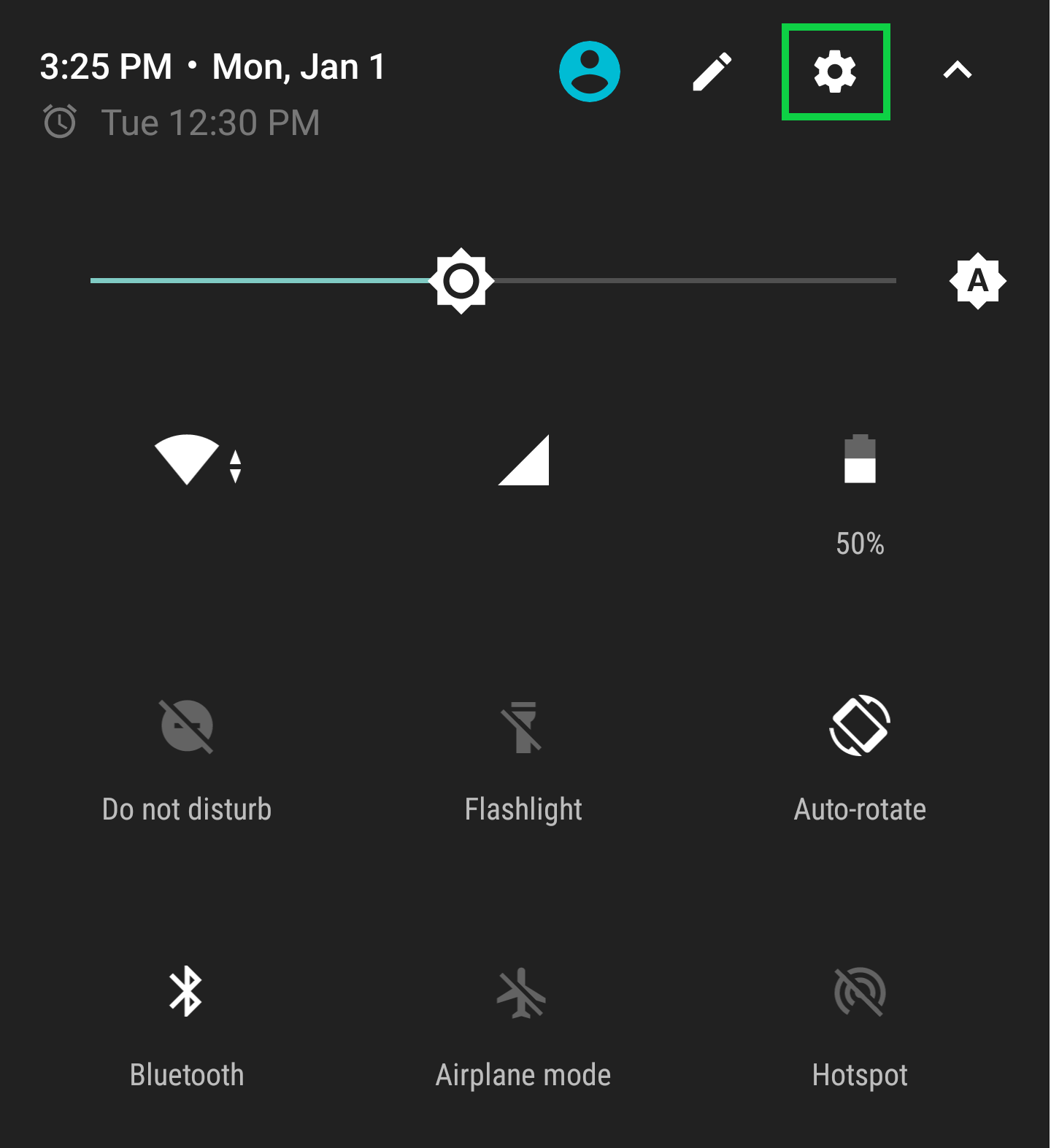 screenshot of android quick settings with the settings gear in the top right corner highlighted