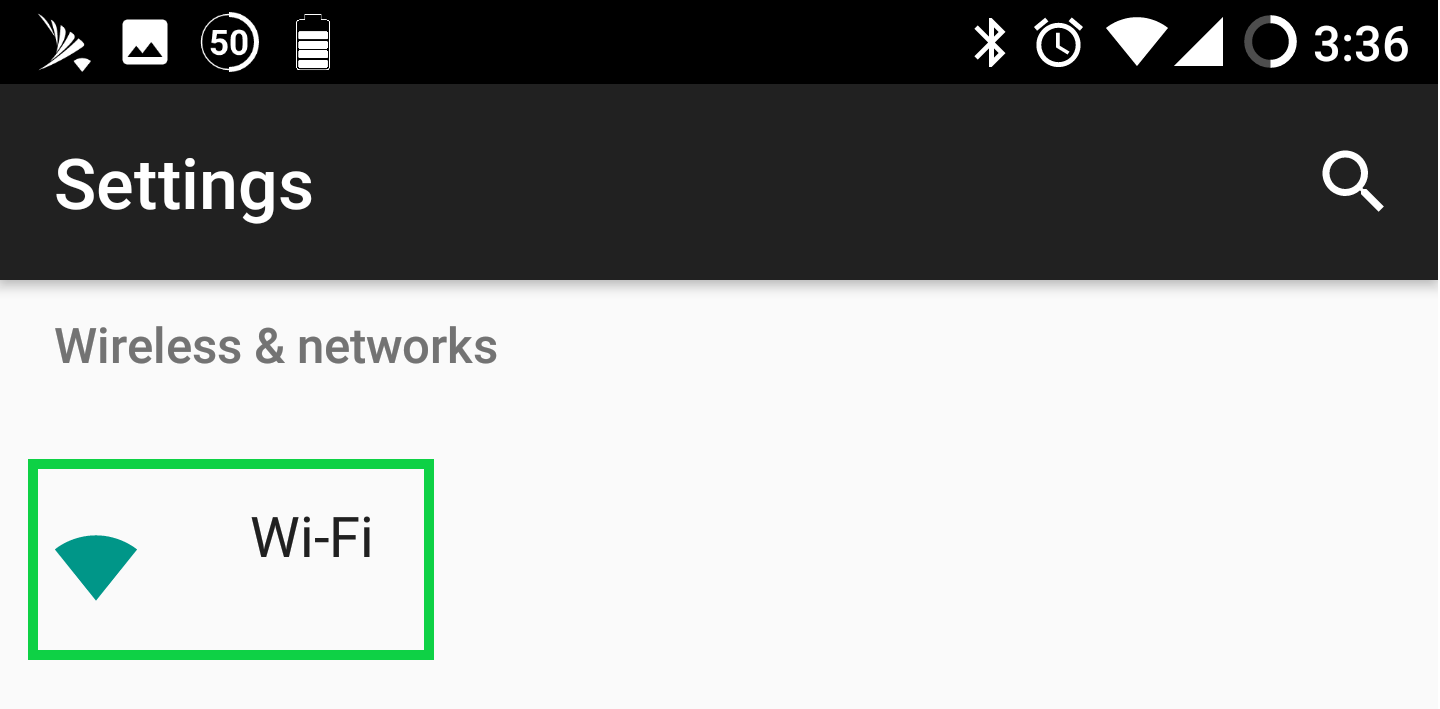 screenshot of android settings with Wi-Fi highlighted