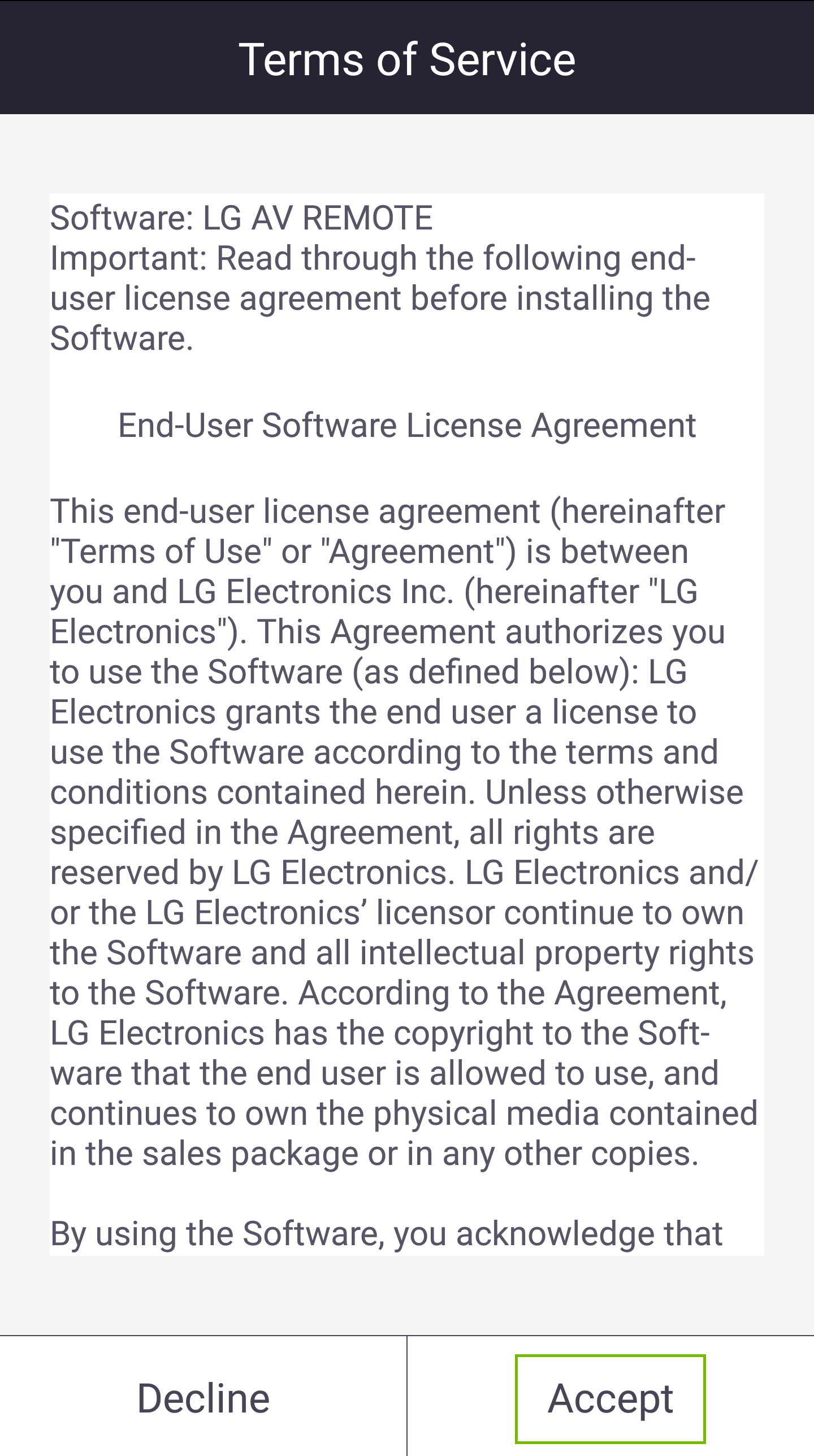 Terms of Service acceptance screen.