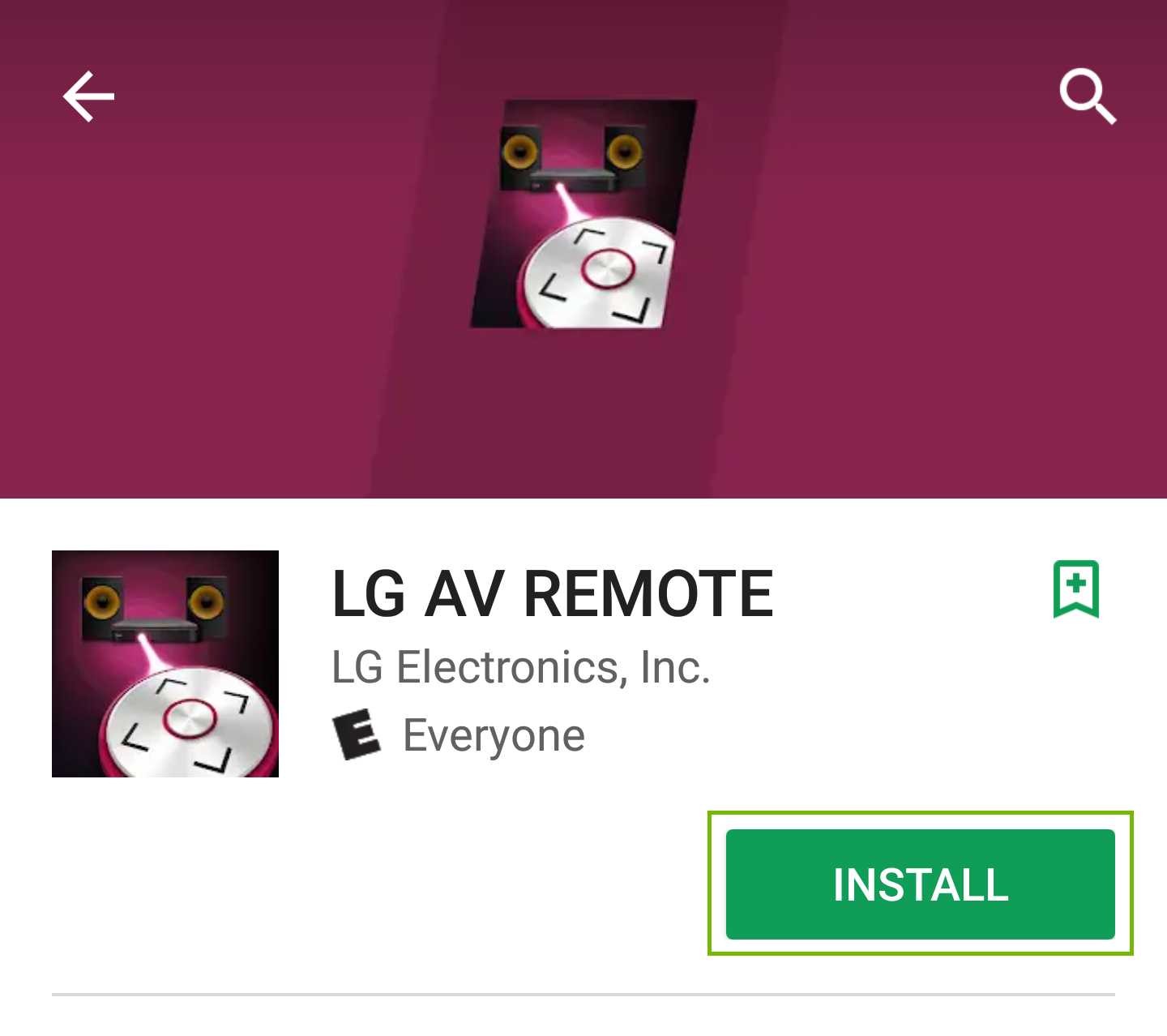 LG AV Remote store page with install highlighted