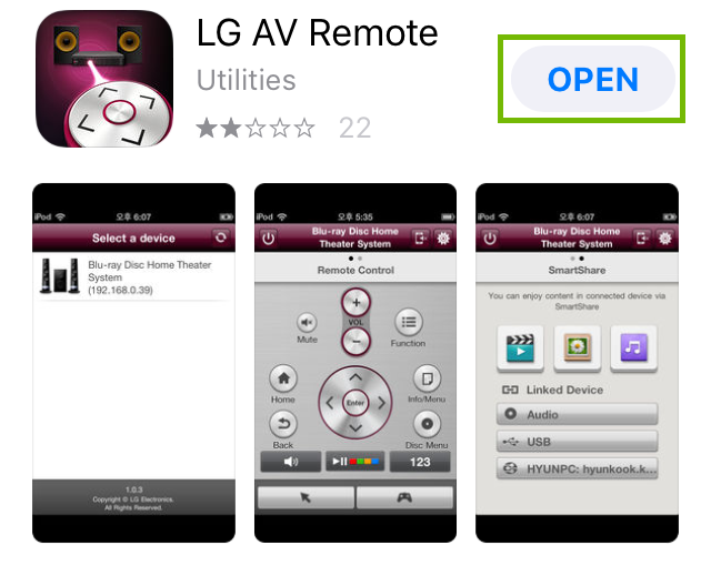 LG AV Remote with open button highlighted