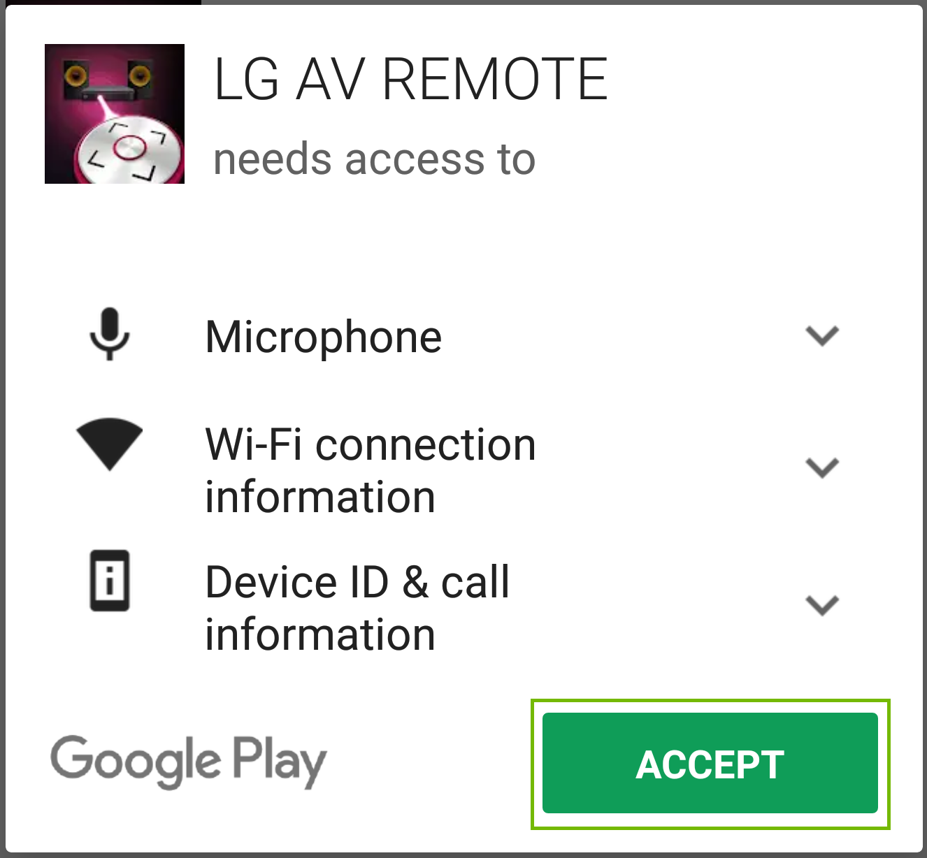 permissions dialog with accept highlighted