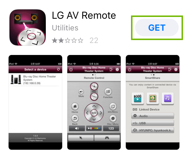LG AV Remote with get button highlighted