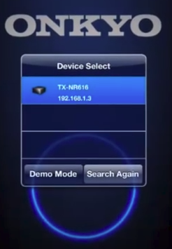 Onkyo remote app device select screen displaying a list of available devices.