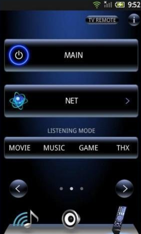 Onkyo remote app displaying common controls available after the app is paired with the receiver.